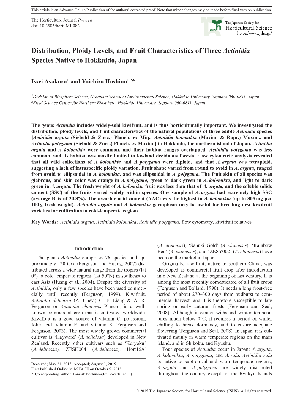 Distribution, Ploidy Levels, and Fruit Characteristics of Three Actinidia Species Native to Hokkaido, Japan