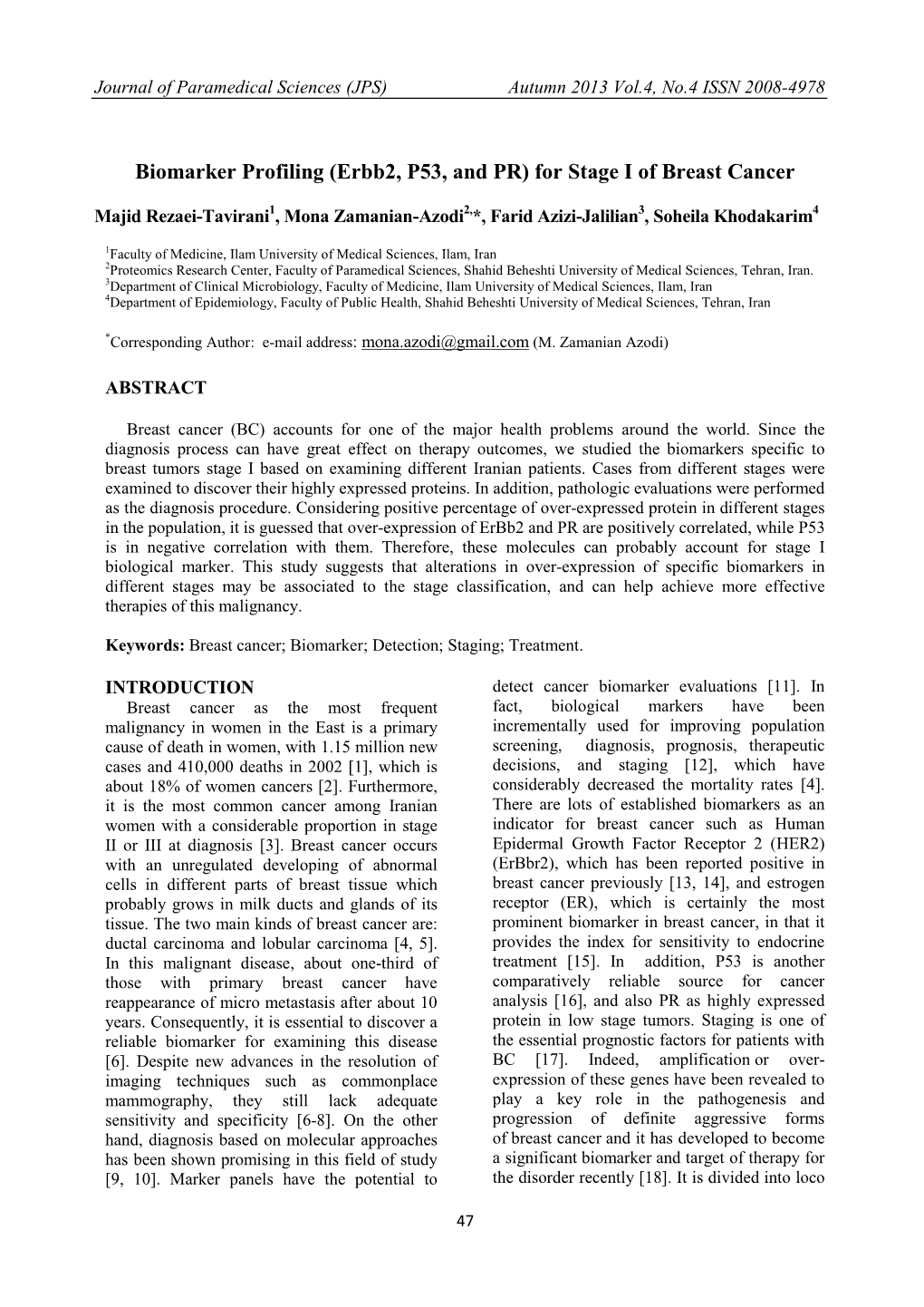 (Erbb2, P53, and PR) for Stage I of Breast Cancer