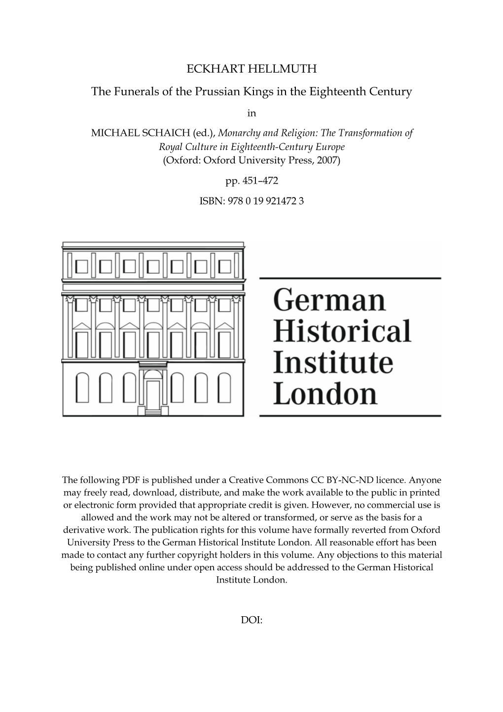 ECKHART HELLMUTH the Funerals of the Prussian Kings in the Eighteenth Century