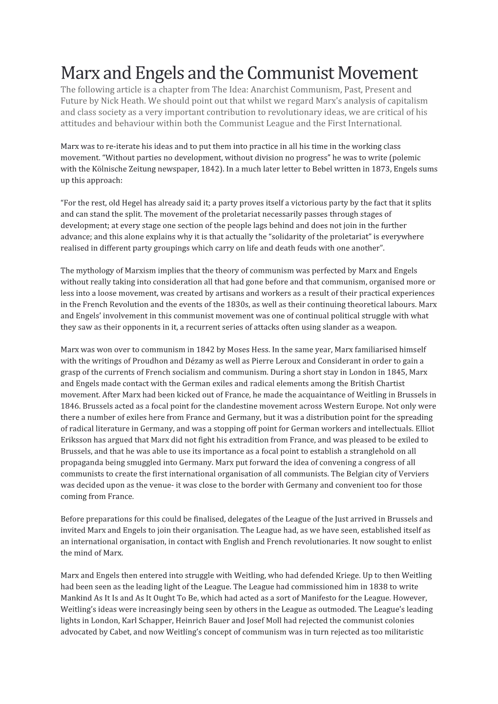 Marx and Engels and the Communist Movement the Following Article Is a Chapter from the Idea: Anarchist Communism, Past, Present and Future by Nick Heath