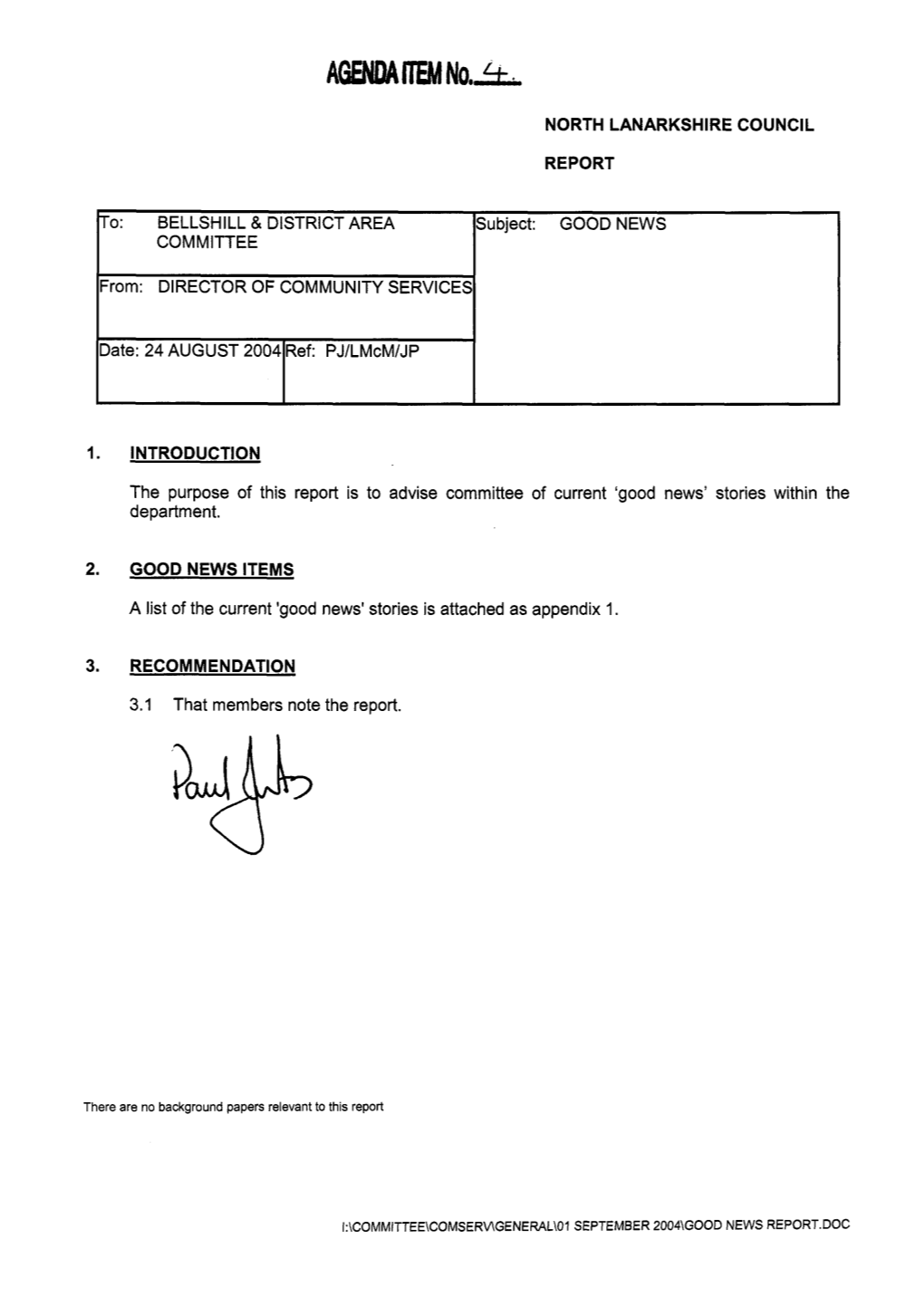 BELLSHILL & DISTRICT AREA Subject: GOOD NEWS COMMITTEE