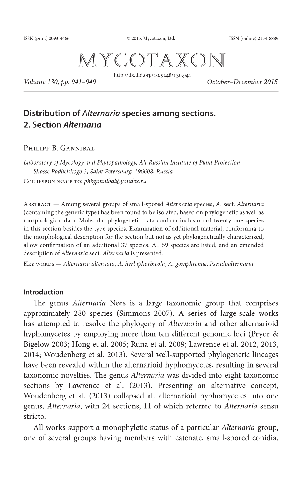 Distribution of &lt;I&gt;Alternaria&lt;/I&gt; Species Among Sections. 2. Section &lt;I&gt;Alternaria&lt;/I&gt;