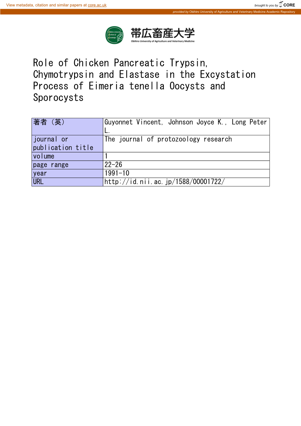 Role of Chicken Pancreatic Trypsin, Chymotrypsin and Elastase in the Excystation Process of Eimeria Tenella Oocysts and Sporocysts