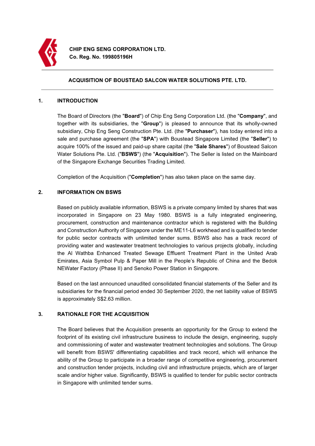 Acquisition of Boustead Salcon Water Solutions Pte