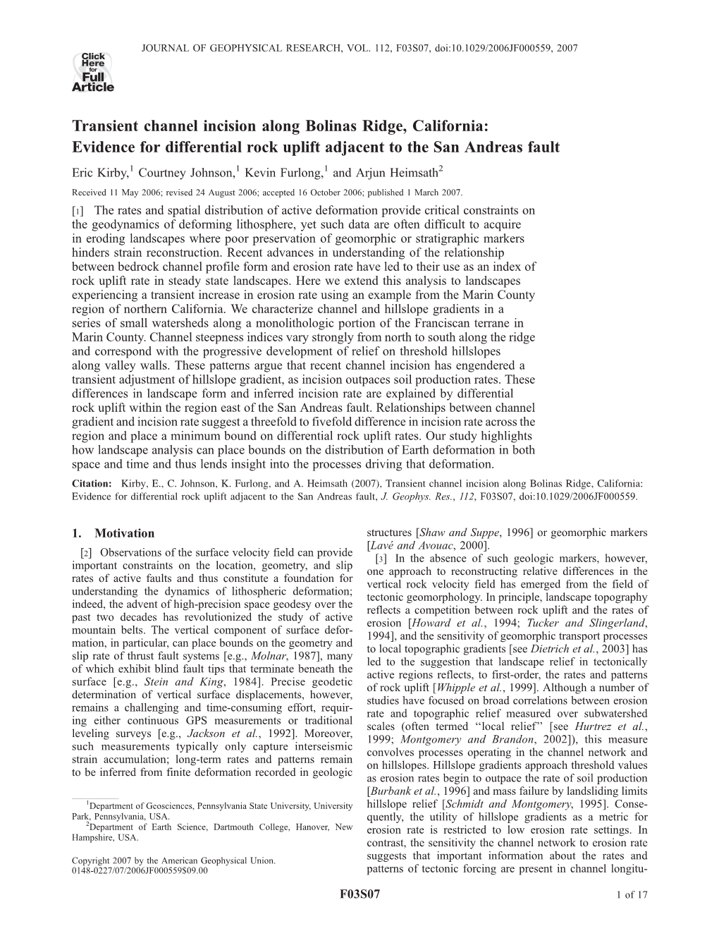 Transient Channel Incision Along Bolinas Ridge, California: Evidence for Differential Rock Uplift Adjacent to the San Andreas Fa