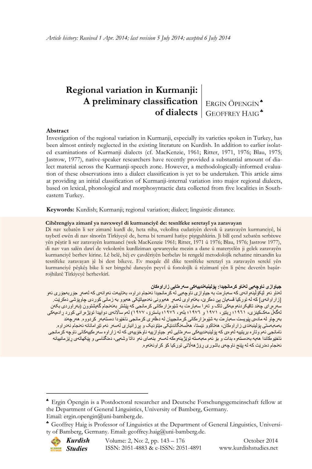 Kurdish Studies REGIONAL VARIATION in KURMANJI