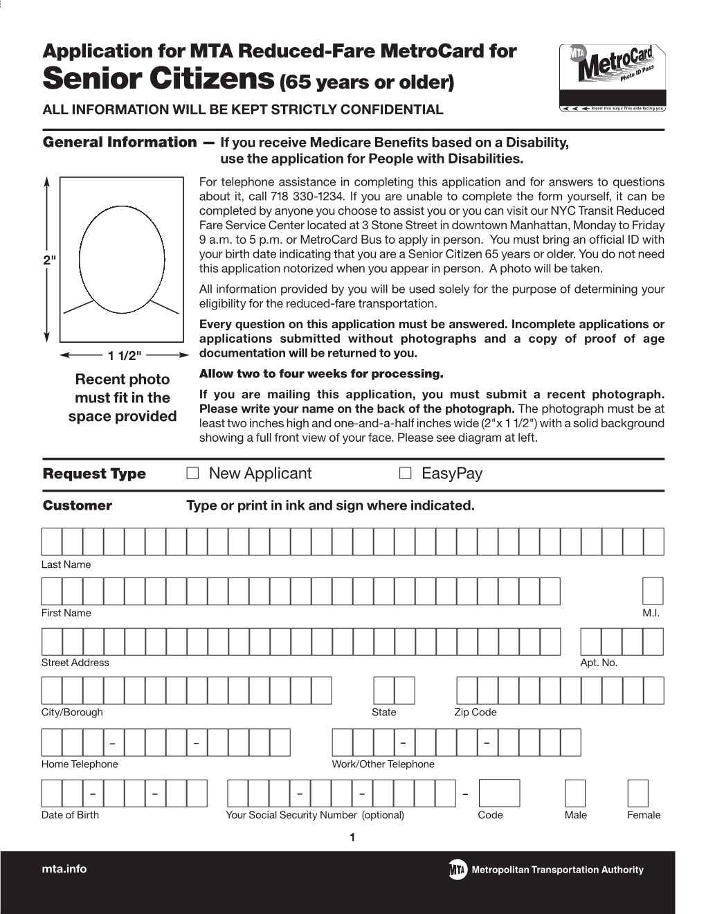 Application for MTA Reduced-Fare Metrocard Forsenior Citizens(65 Years Or Older)