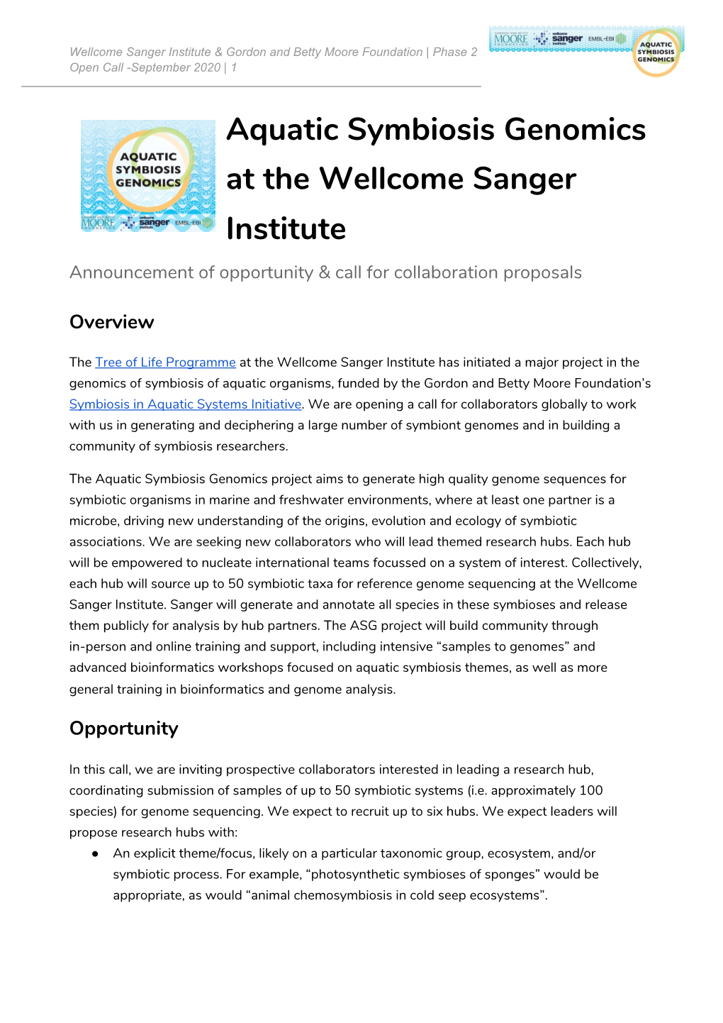 Aquatic Symbiosis Genomics at the Wellcome Sanger Institute Announcement of Opportunity & Call for Collaboration Proposals