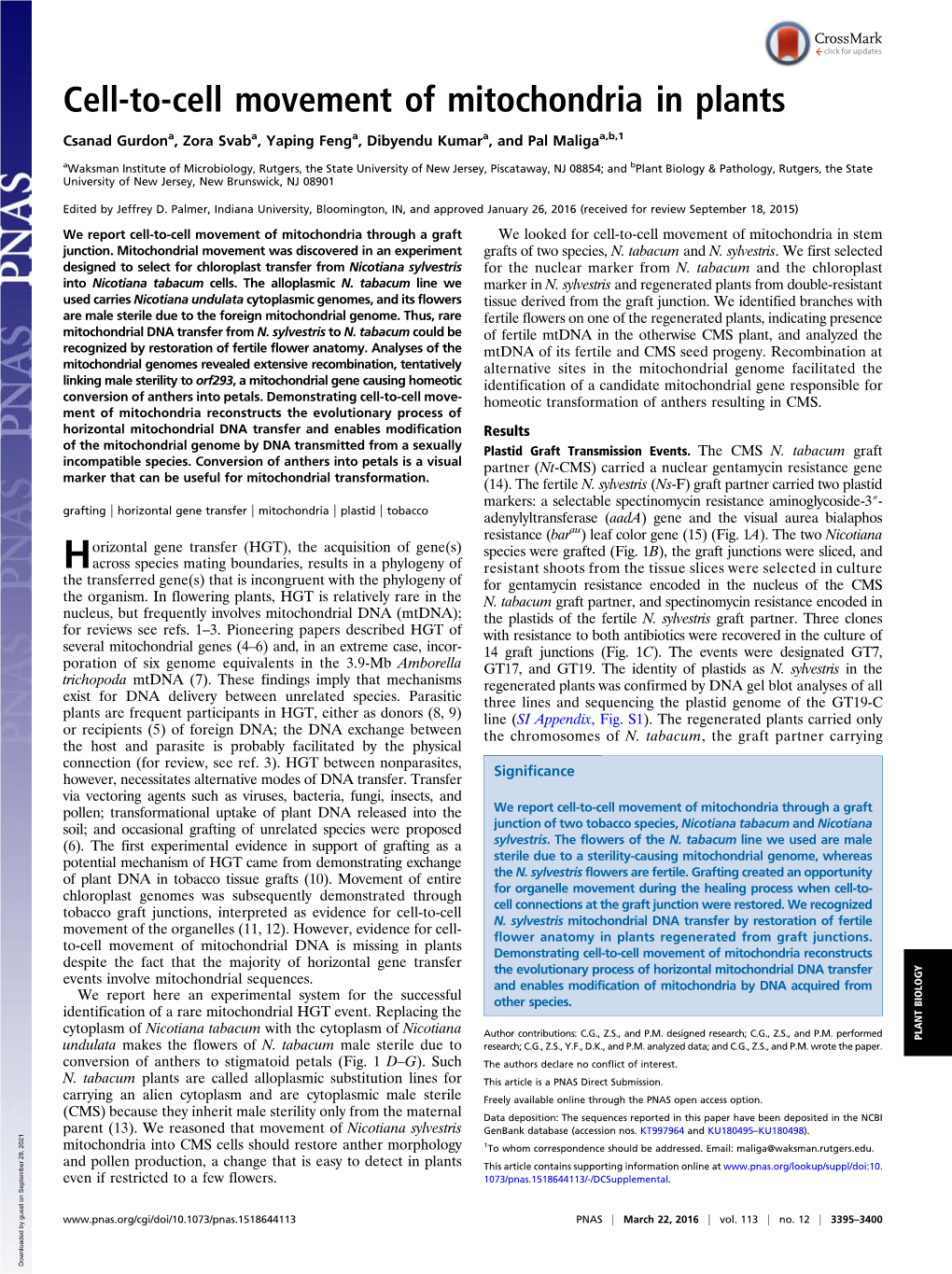 Cell-To-Cell Movement of Mitochondria in Plants