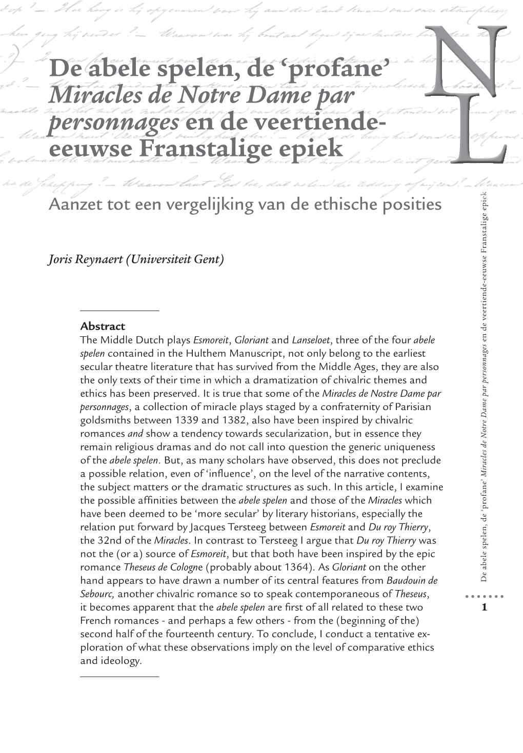 De Abele Spelen, De ‘Profane’ Miracles De Notre Dame Par Personnages En De Veertiende- Eeuwse Franstalige Epiek