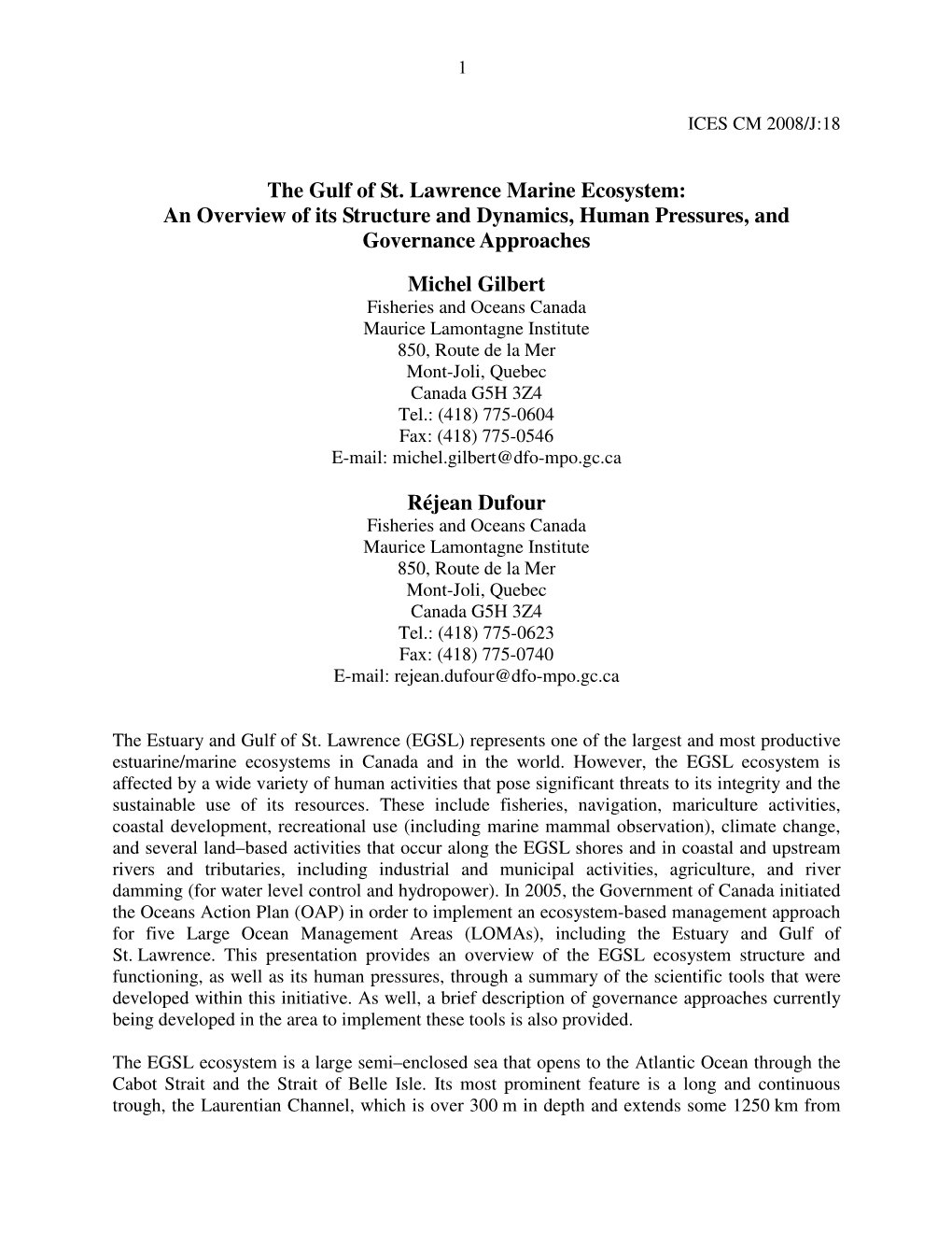 The Gulf of St. Lawrence Marine Ecosystem: an Overview of Its Structure and Dynamics, Human Pressures, and Governance Approaches