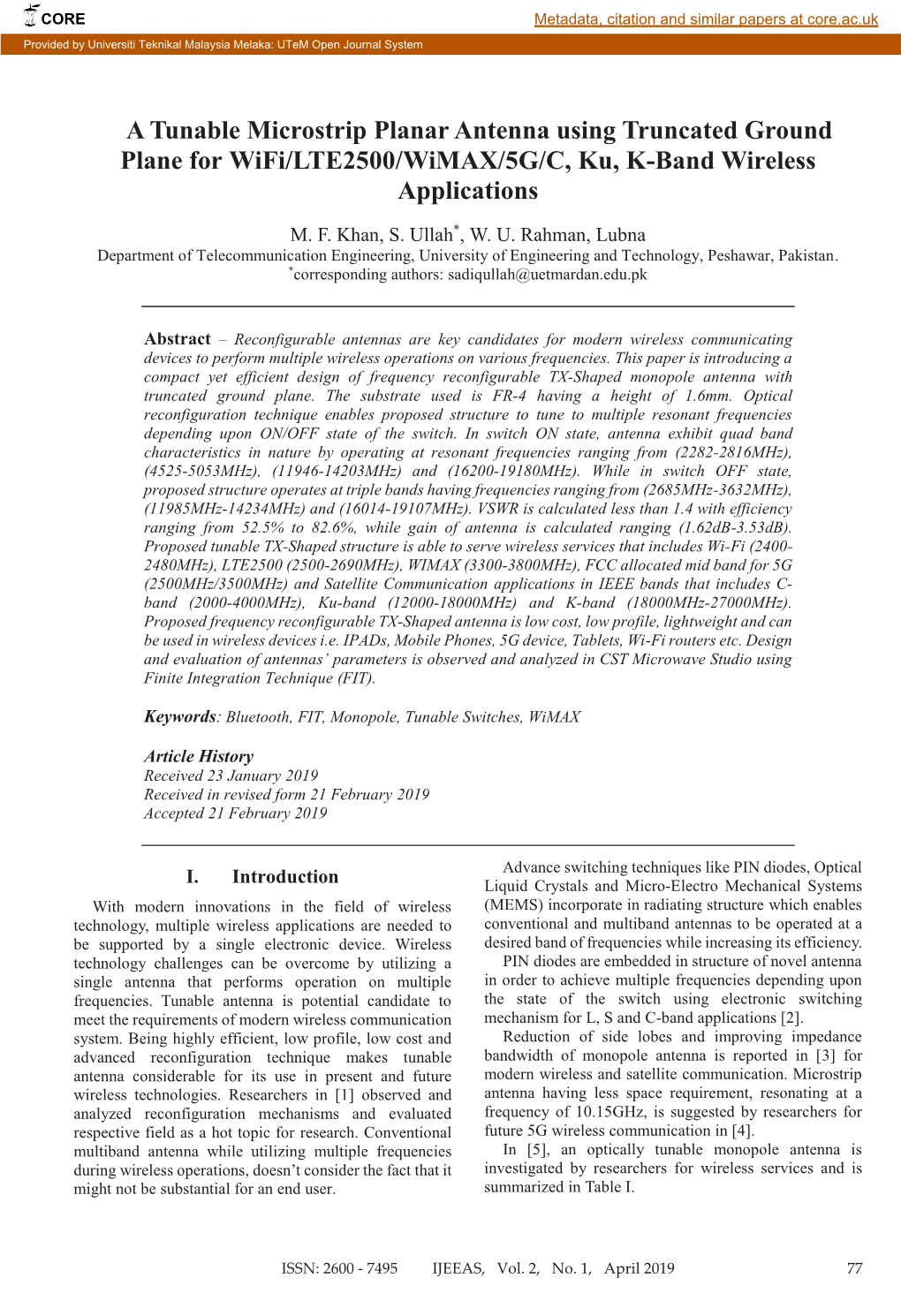 A Tunable Microstrip Planar Antenna Using Truncated Ground Plane for Wifi/LTE2500/Wimax/5G/C, Ku, K-Band Wireless Applications