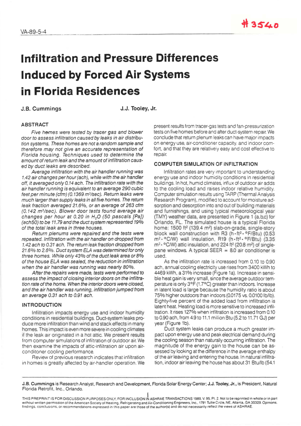 Infiltration and Pressure Differences Induced by Forced Air Systems in Florida Residences