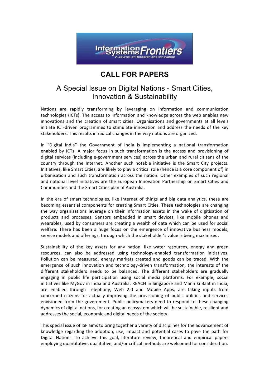 CALL for PAPERS a Special Issue on Digital Nations - Smart Cities, Innovation & Sustainability