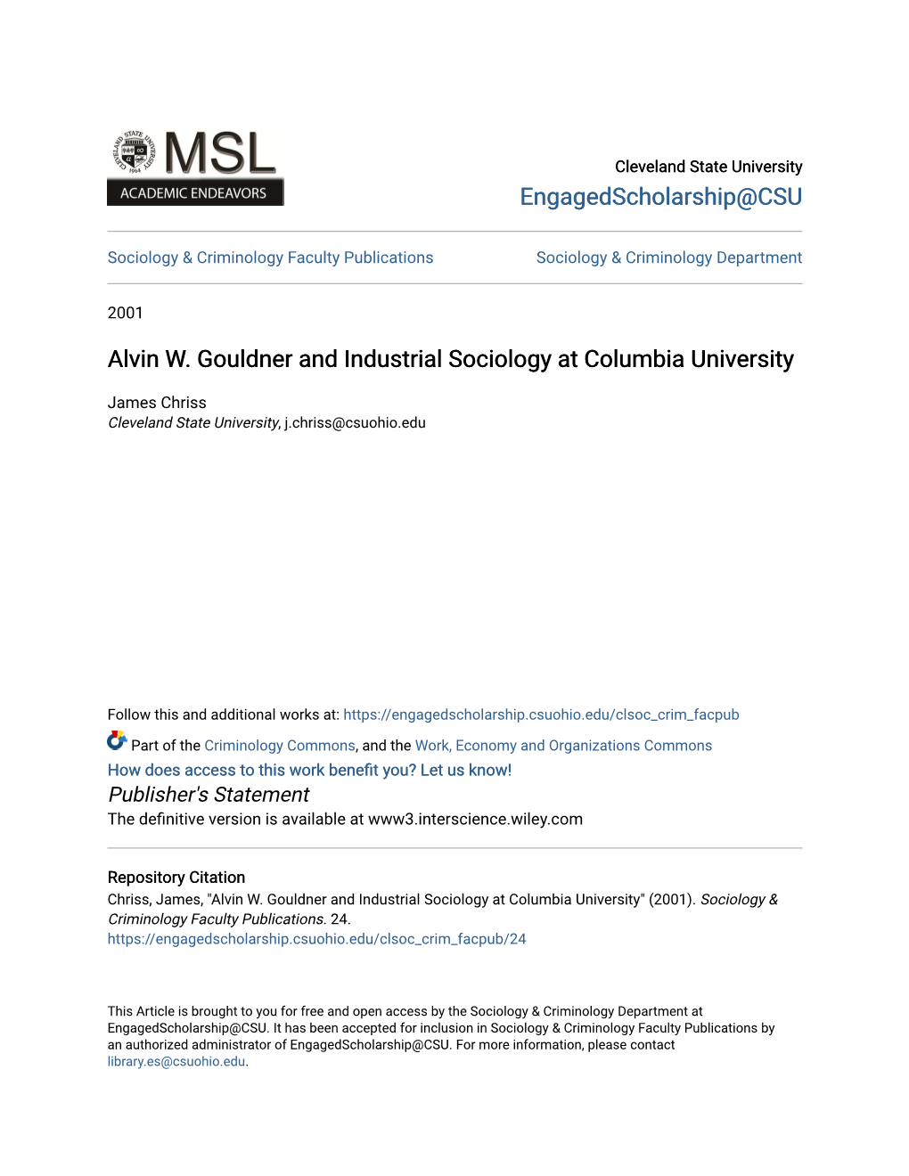 Alvin W. Gouldner and Industrial Sociology at Columbia University