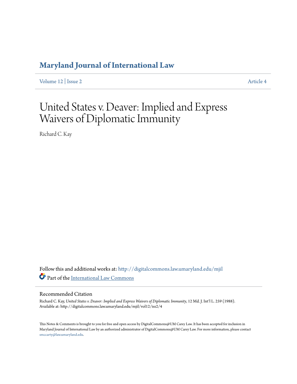 Implied and Express Waivers of Diplomatic Immunity Richard C