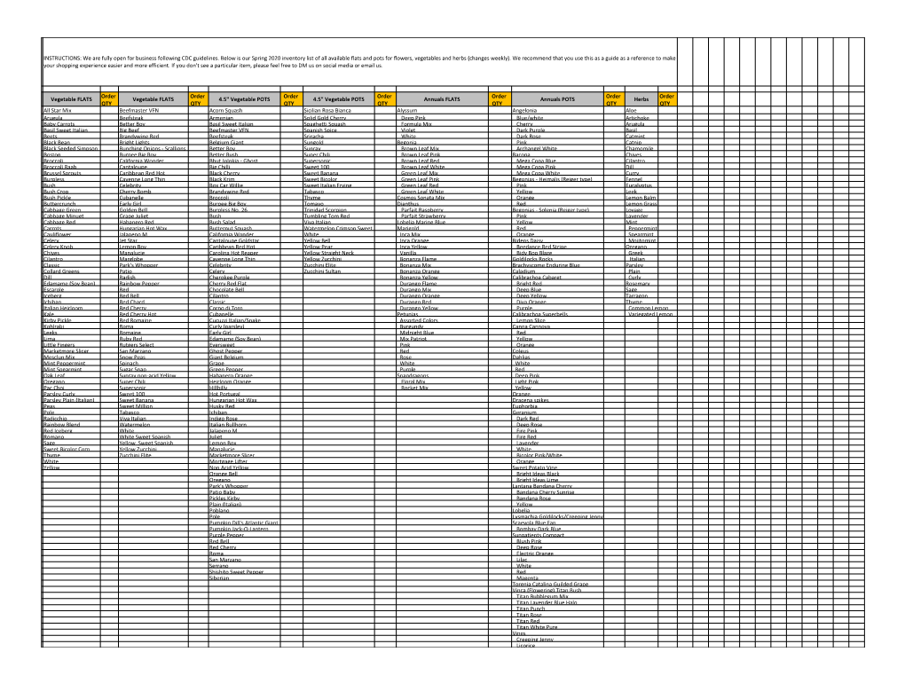 Spring 2020 Inventory List of All Available Flats and Pots for Flowers, Vegetables and Herbs (Changes Weekly)