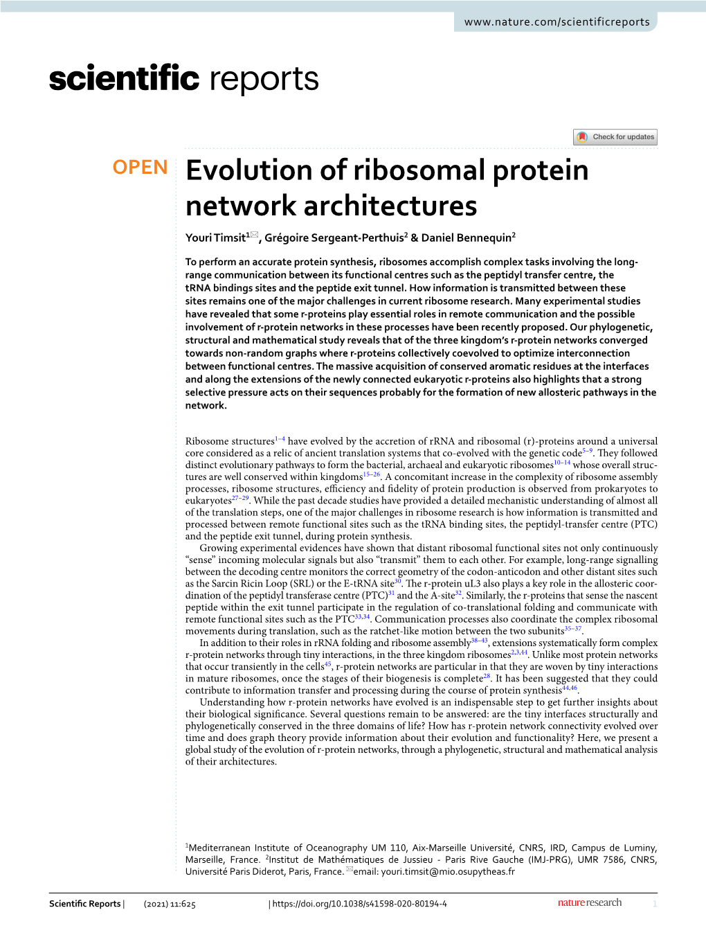 Evolution of Ribosomal Protein Network Architectures Youri Timsit1*, Grégoire Sergeant‑Perthuis2 & Daniel Bennequin2