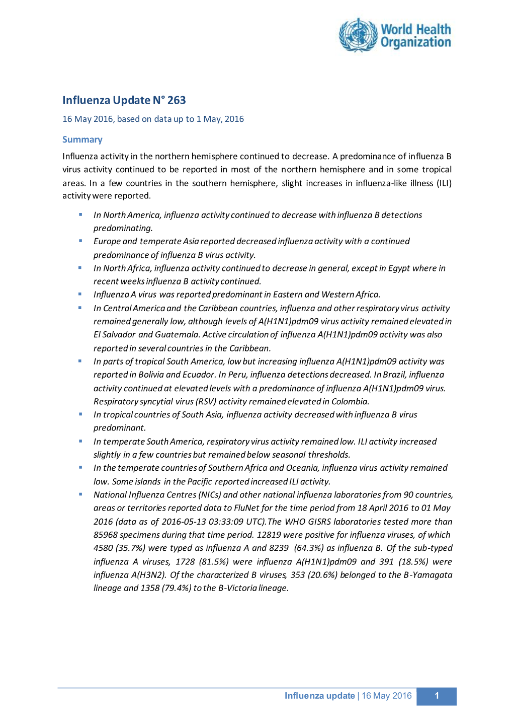 Influenza Update N° 263 16 May 2016, Based on Data up to 1 May, 2016