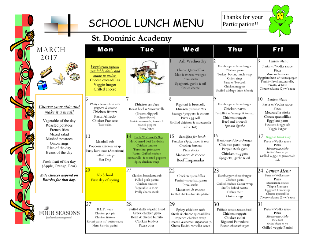 SCHOOL LUNCH MENU Participation!! St