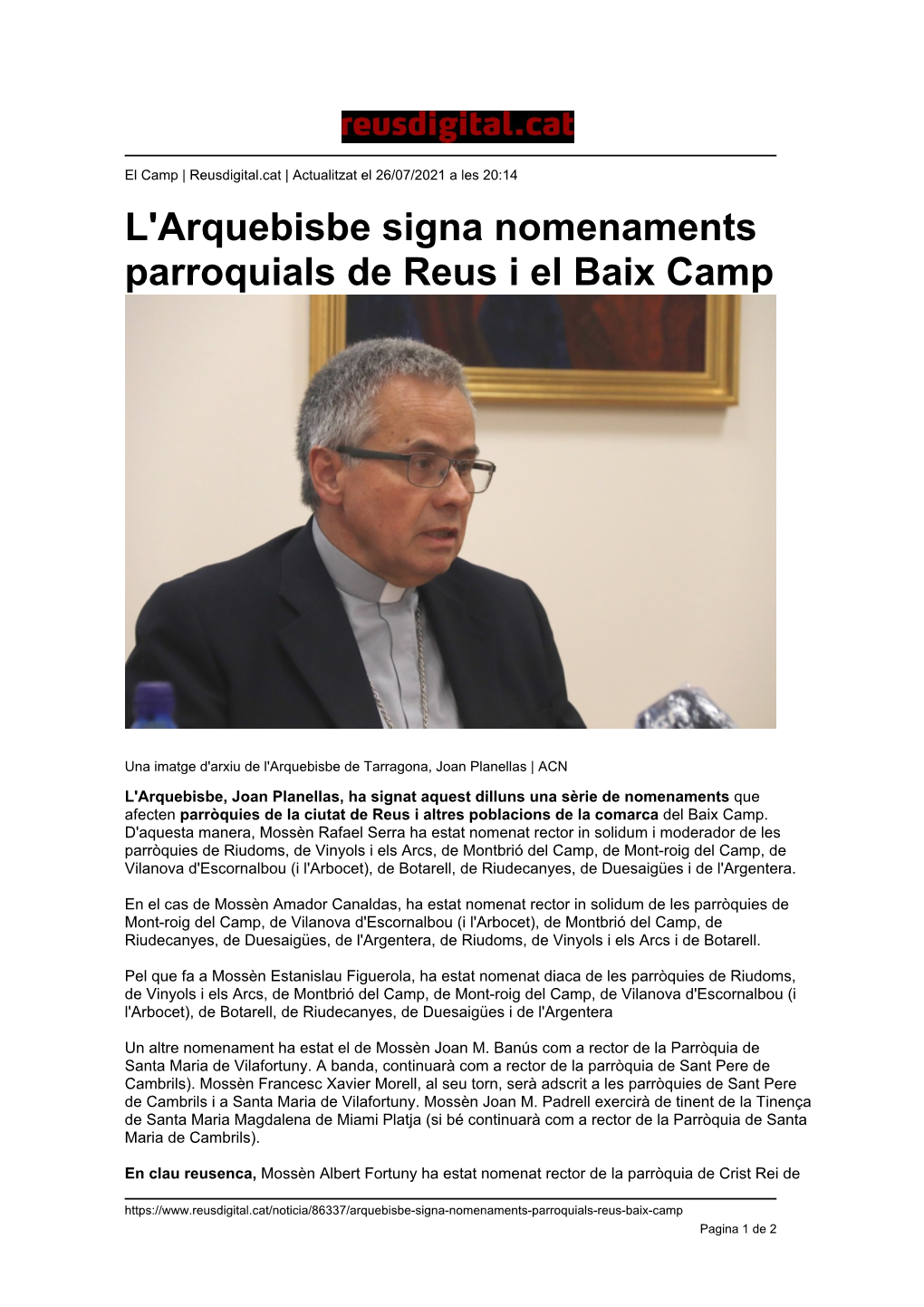 L'arquebisbe Signa Nomenaments Parroquials De Reus I El Baix Camp