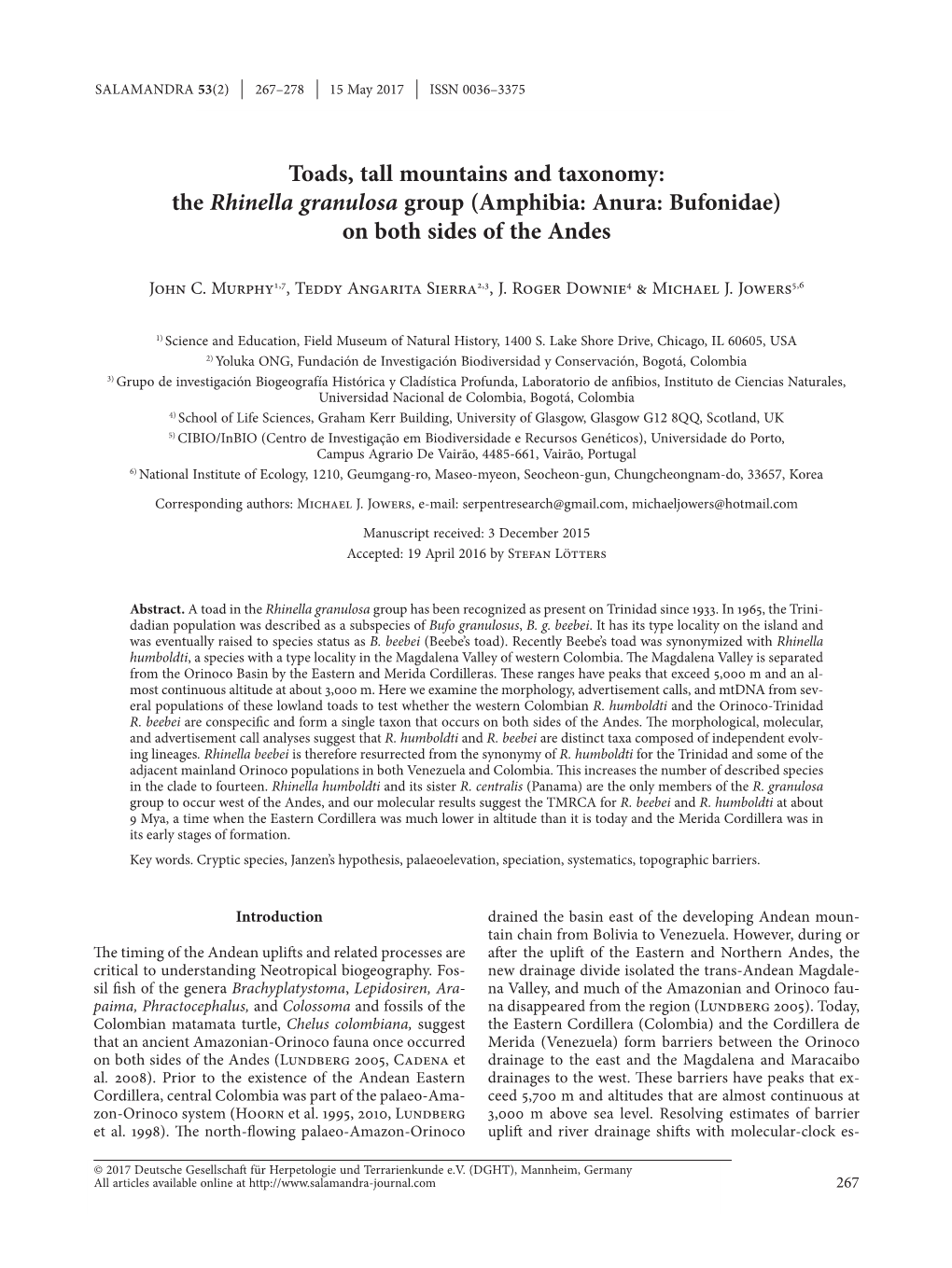 Toads, Tall Mountains and Taxonomy: the Rhinella Granulosa Group (Amphibia: Anura: Bufonidae) on Both Sides of the Andes