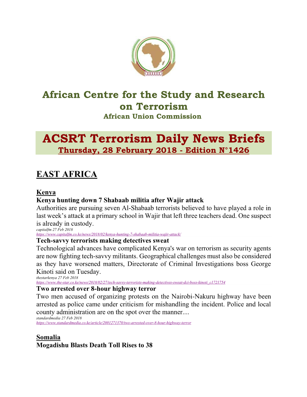 ACSRT Terrorism Daily News Briefs Thursday, 28 February 2018 - Edition N°1426