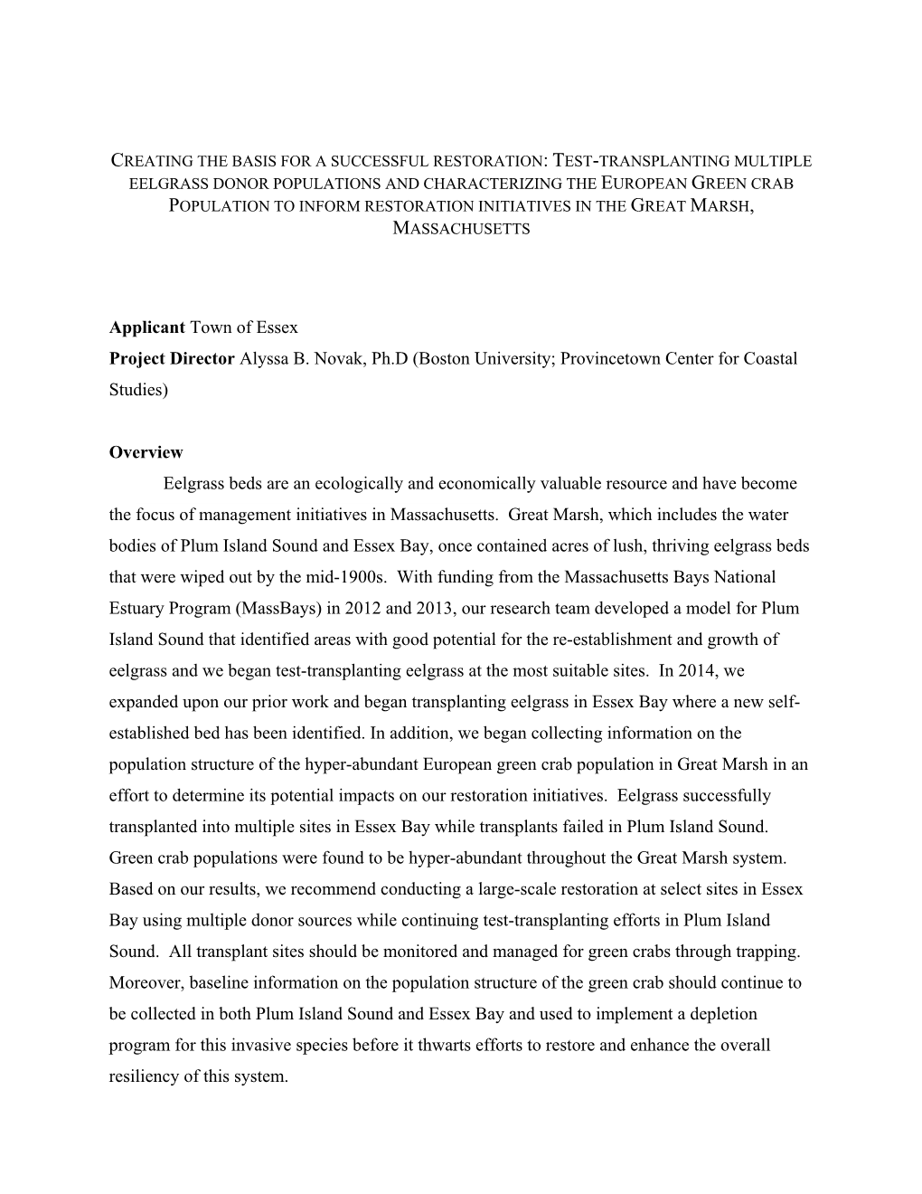 Applicant Town of Essex Project Director Alyssa B. Novak, Ph.D (Boston University; Provincetown Center for Coastal Studies)