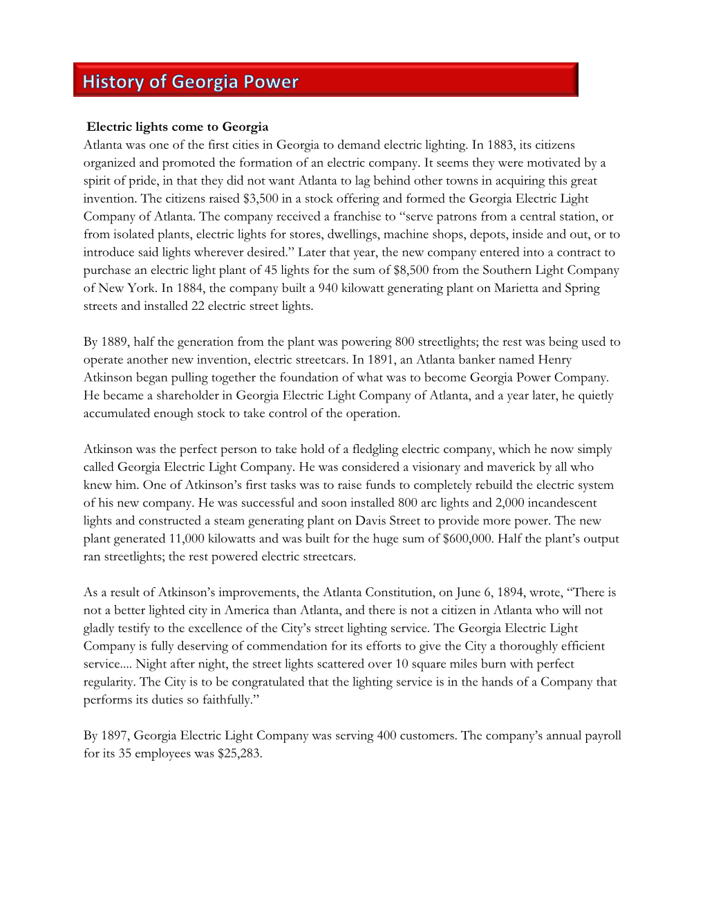 Electric Lights Come to Georgia Atlanta Was One of the First Cities in Georgia to Demand Electric Lighting