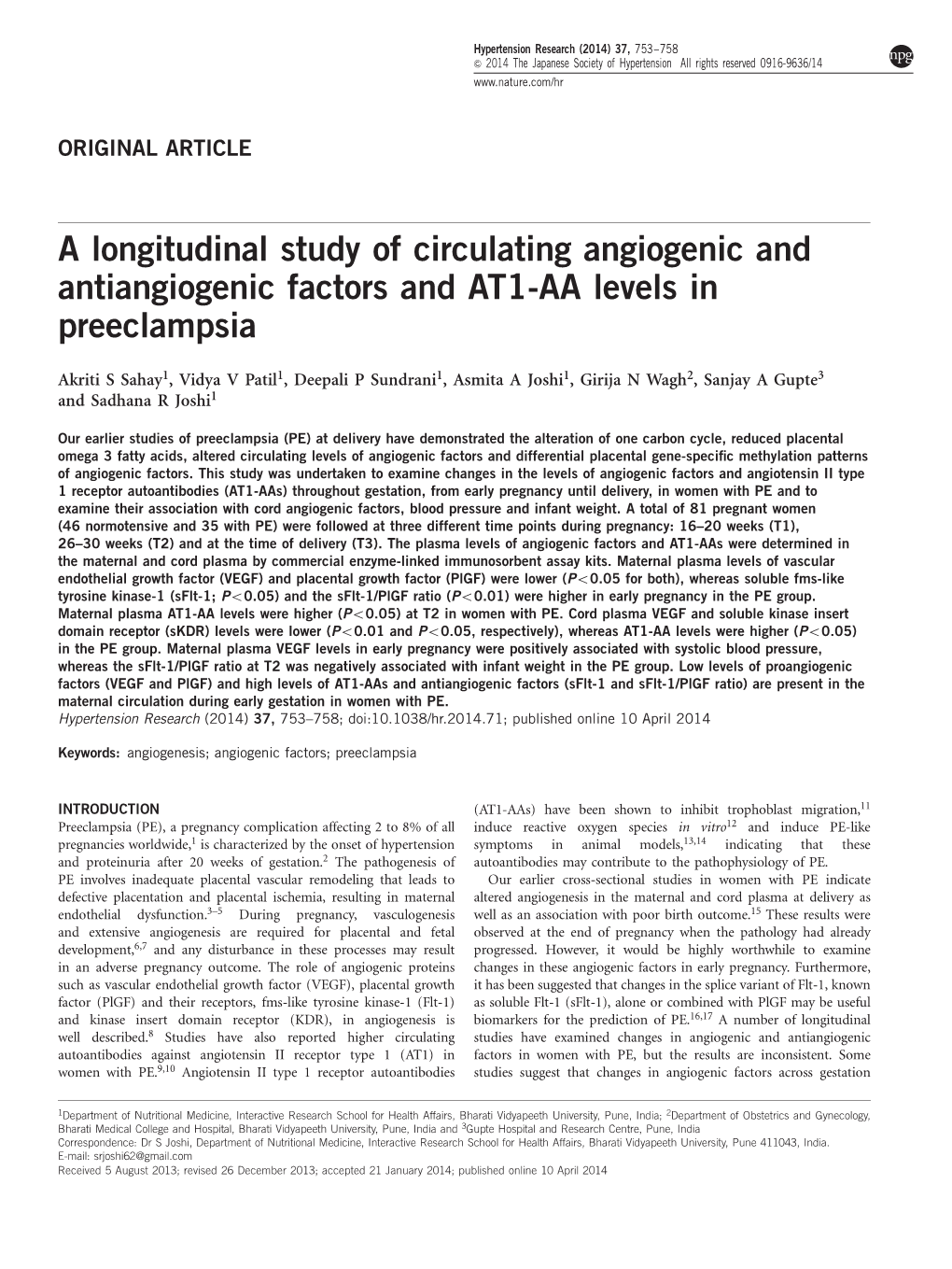 A Longitudinal Study of Circulating Angiogenic and Antiangiogenic Factors and AT1-AA Levels in Preeclampsia