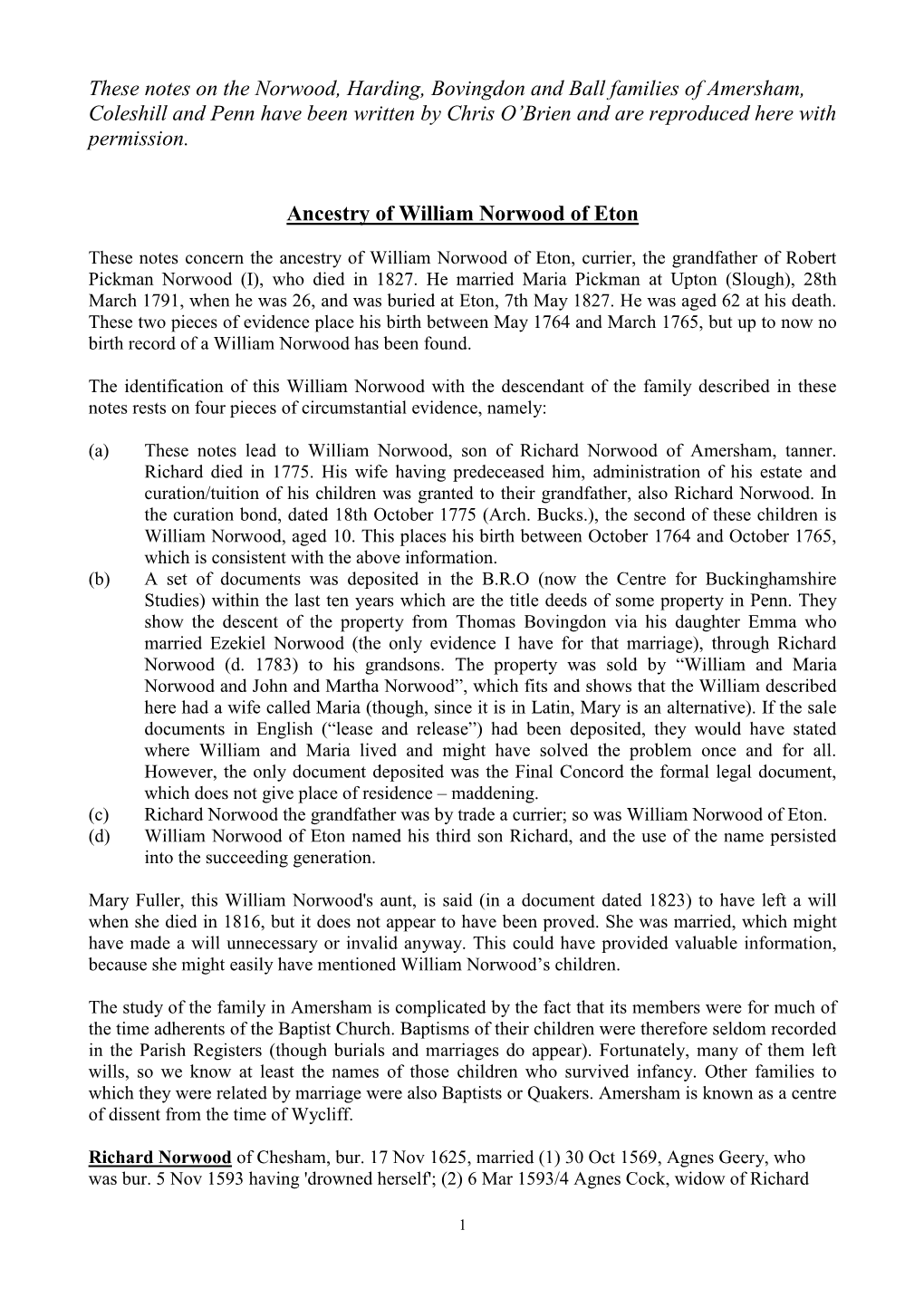 Norwood, Harding, Bovingdon and Ball Families of Amersham, Coleshill and Penn Have Been Written by Chris O’Brien and Are Reproduced Here with Permission