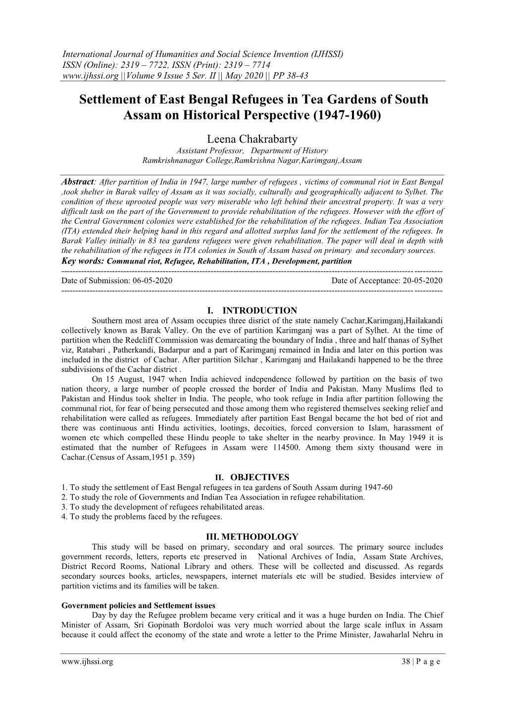 Settlement of East Bengal Refugees in Tea Gardens of South Assam on Historical Perspective (1947-1960)