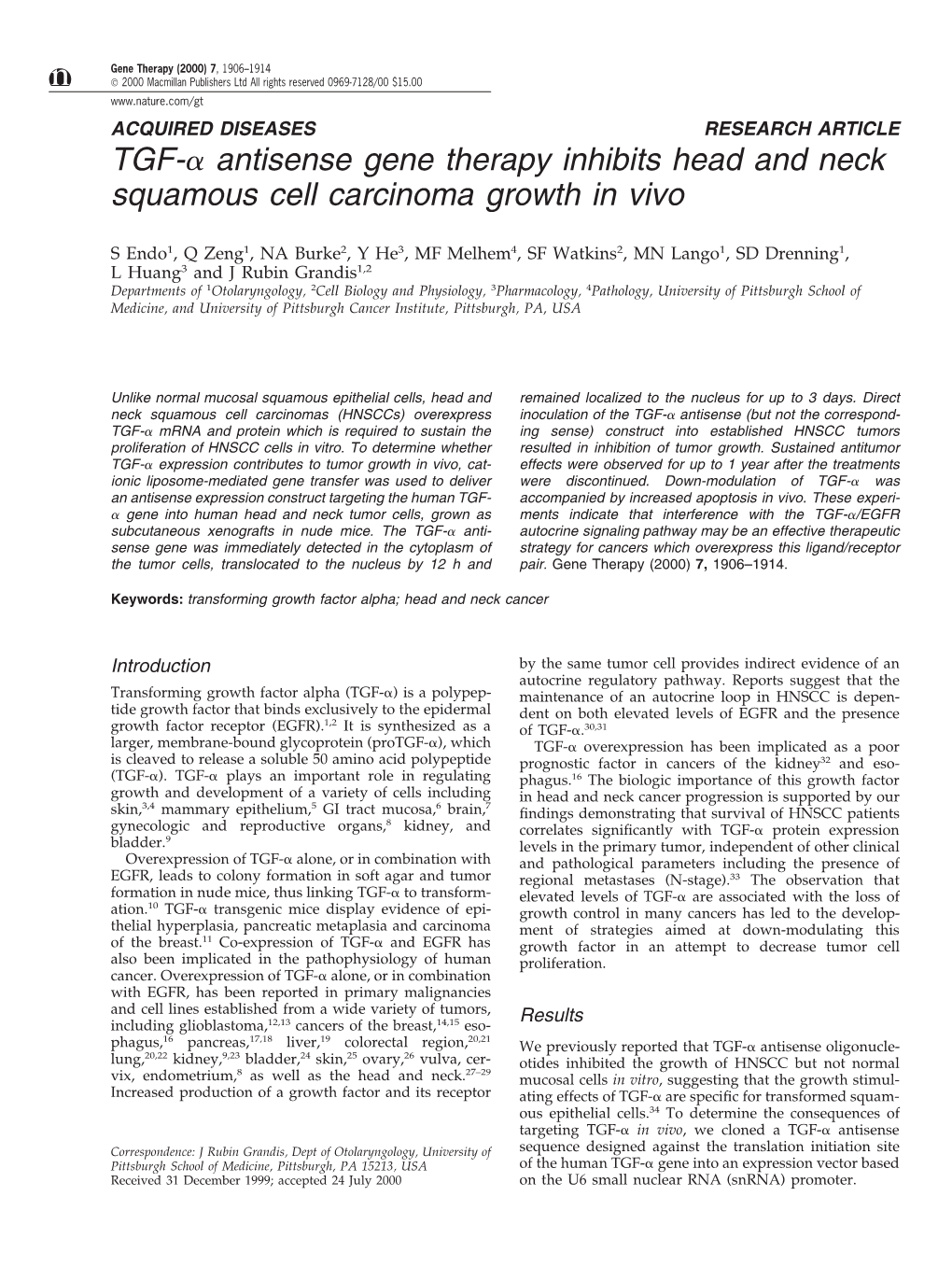 TGF-Α Antisense Gene Therapy Inhibits Head and Neck Squamous Cell