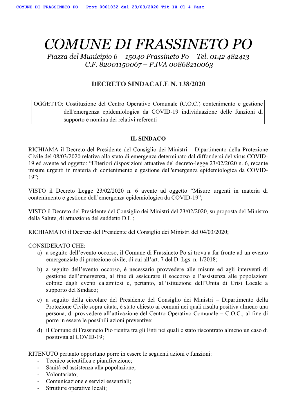 COMUNE DI FRASSINETO PO - Prot 0001032 Del 23/03/2020 Tit IX Cl 4 Fasc