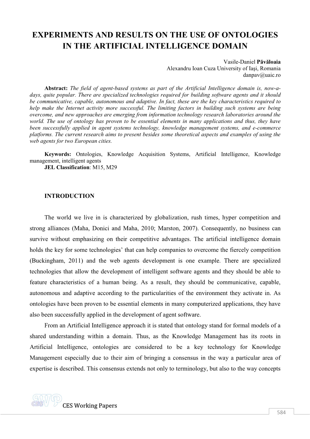 Experiments and Results on the Use of Ontologies in the Artificial Intelligence Domain