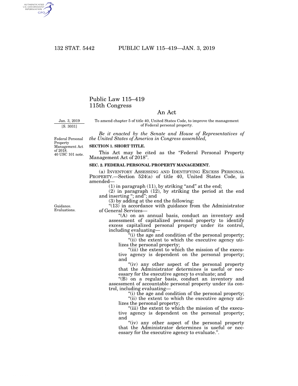 Public Law 115–419 115Th Congress an Act Jan