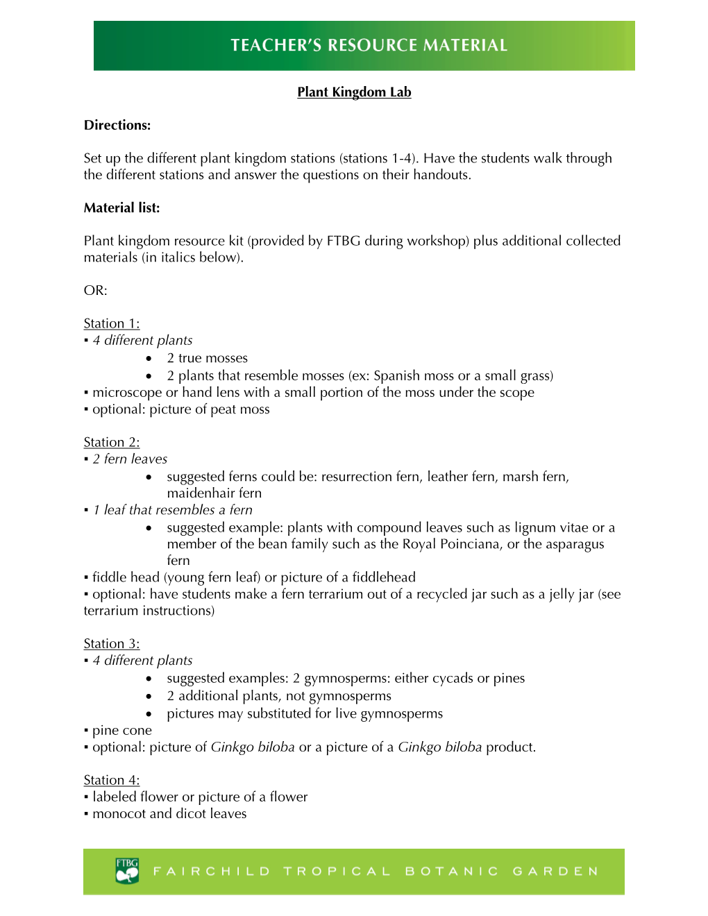 Plant Kingdom Lab Directions: Set up the Different Plant Kingdom Stations