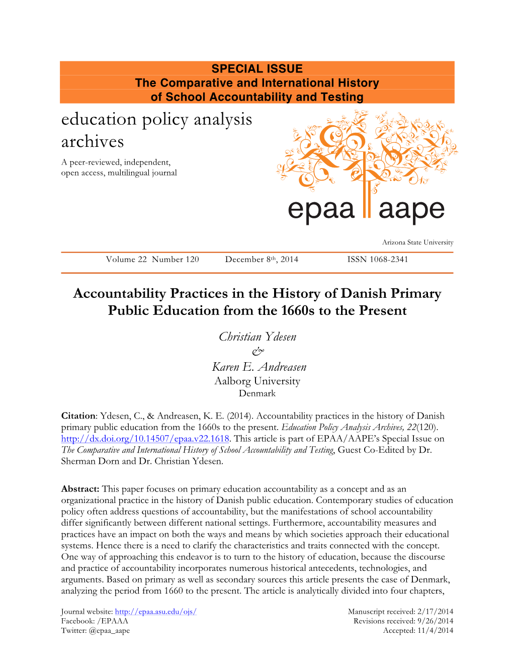 Accountability Practices in the History of Danish Primary Public Education from the 1660S to the Present Christian Ydesen & Karen E