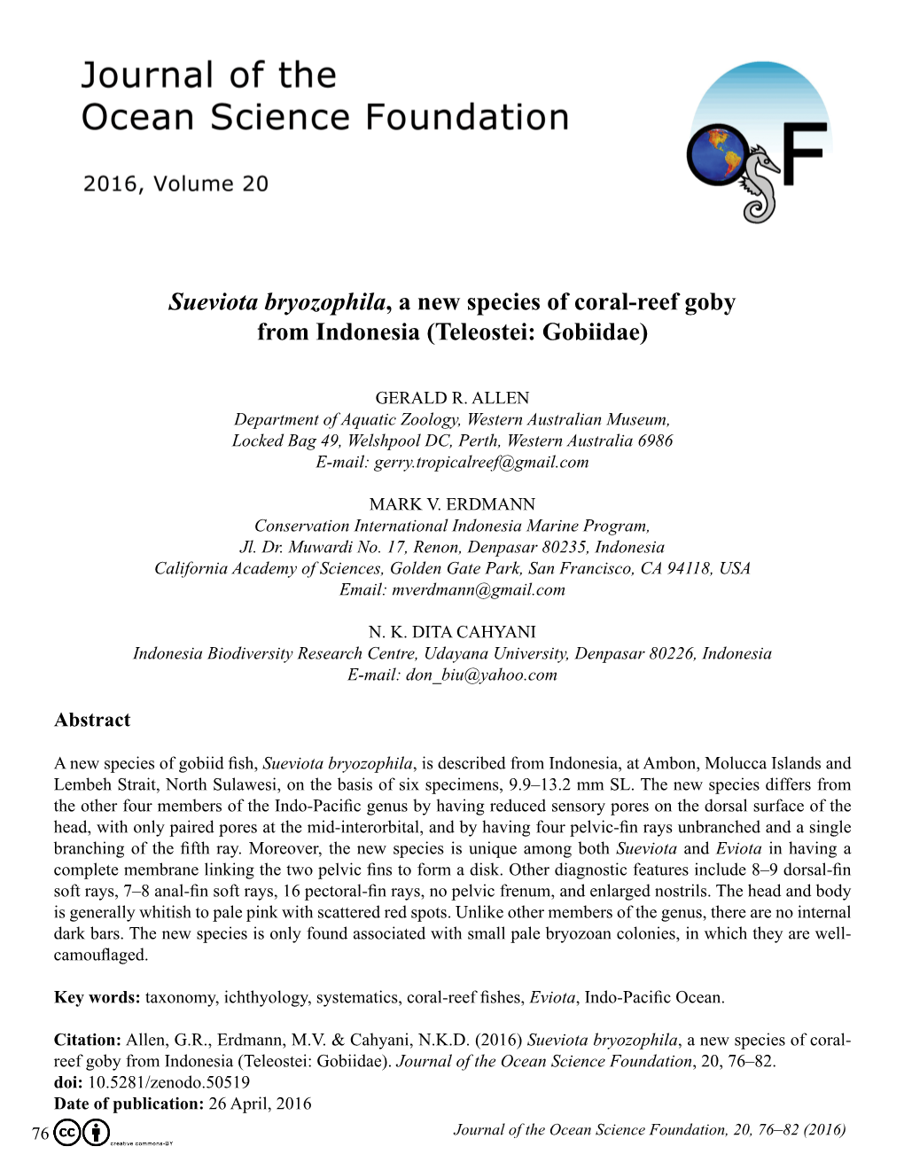 Sueviota Bryozophila, a New Species of Coral-Reef Goby from Indonesia (Teleostei: Gobiidae)