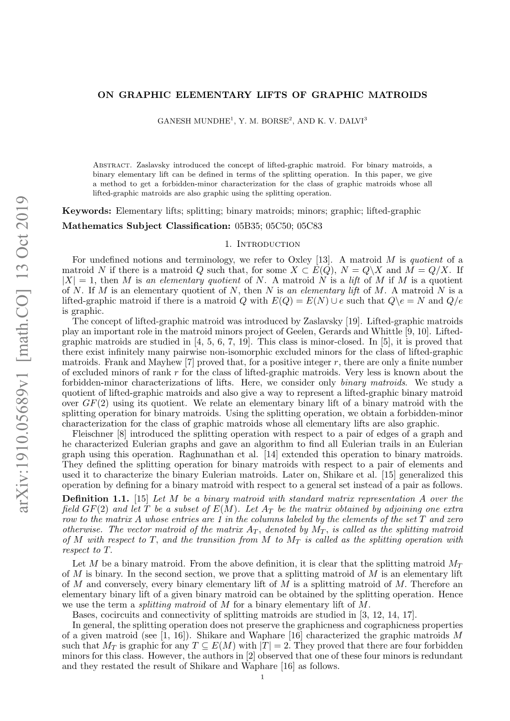 Arxiv:1910.05689V1 [Math.CO]