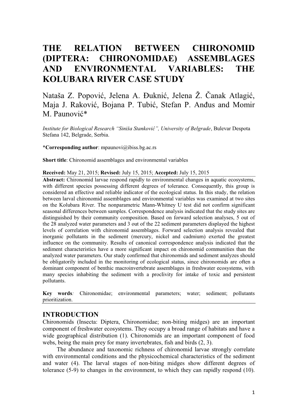 The Relation Between Chironomid (Diptera: Chironomidae) Assemblages and Environmental Variables: the Kolubara River Case Study