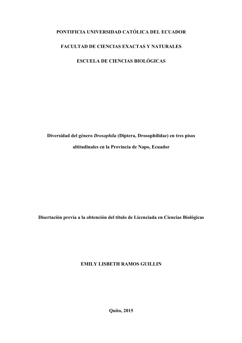 Diversidad Del Género Drosophila (Diptera, Drosophilidae) En Tres Pisos