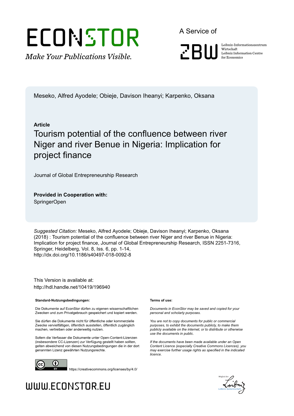 Tourism Potential of the Confluence Between River Niger and River Benue in Nigeria: Implication for Project Finance