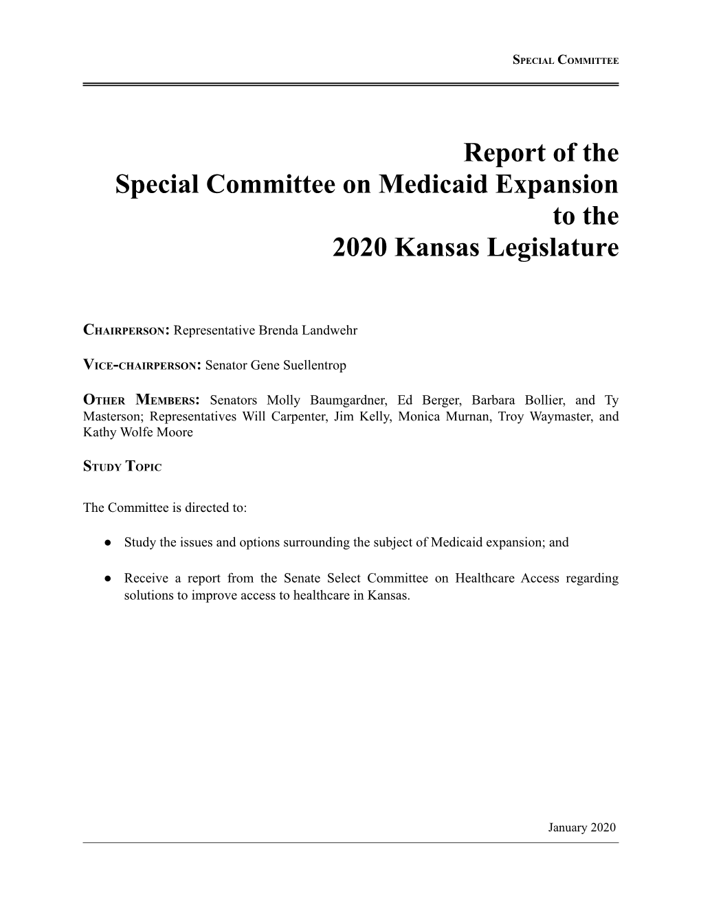 Report of the Special Committee on Medicaid Expansion to the 2020 Kansas Legislature