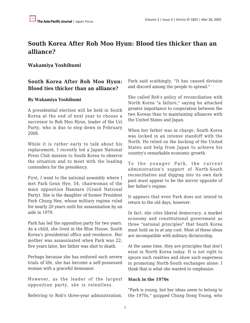 South Korea After Roh Moo Hyun: Blood Ties Thicker Than an Alliance?