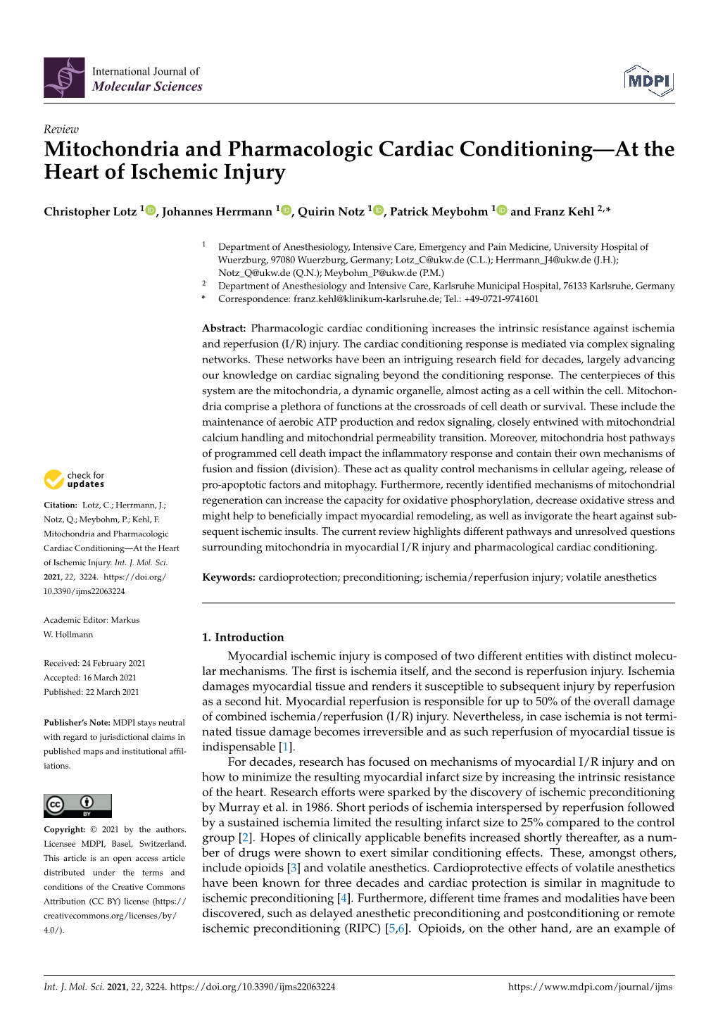 Mitochondria and Pharmacologic Cardiac Conditioning—At the Heart of Ischemic Injury