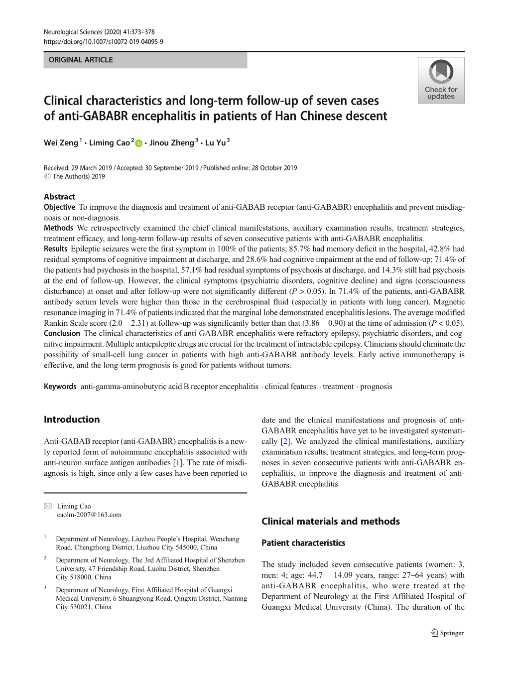 Clinical Characteristics and Long-Term Follow-Up of Seven Cases of Anti-GABABR Encephalitis in Patients of Han Chinese Descent