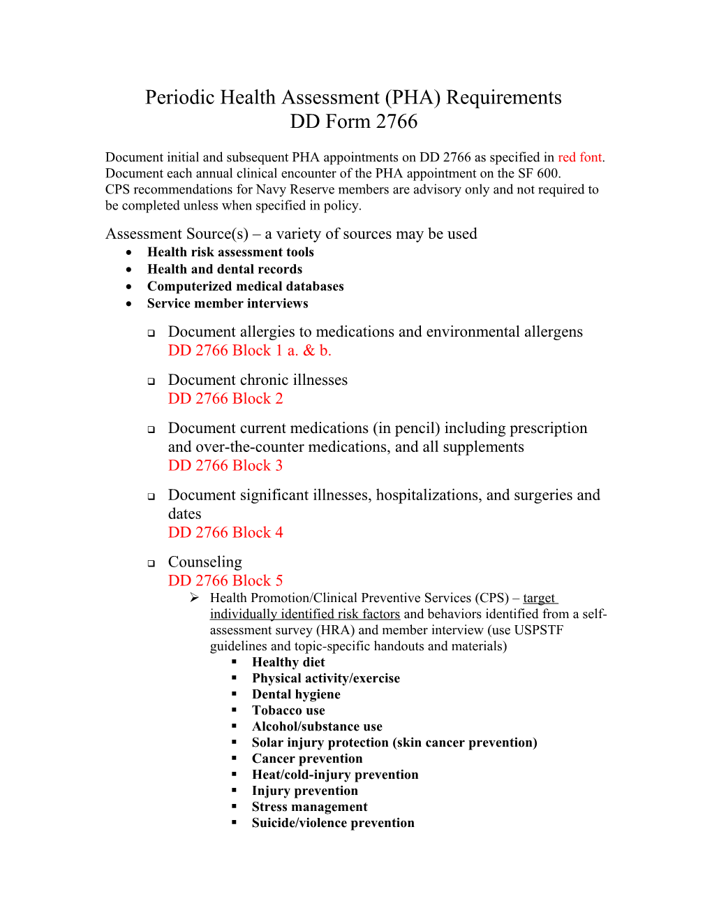 Periodic Health Assessment (PHA) Requirements