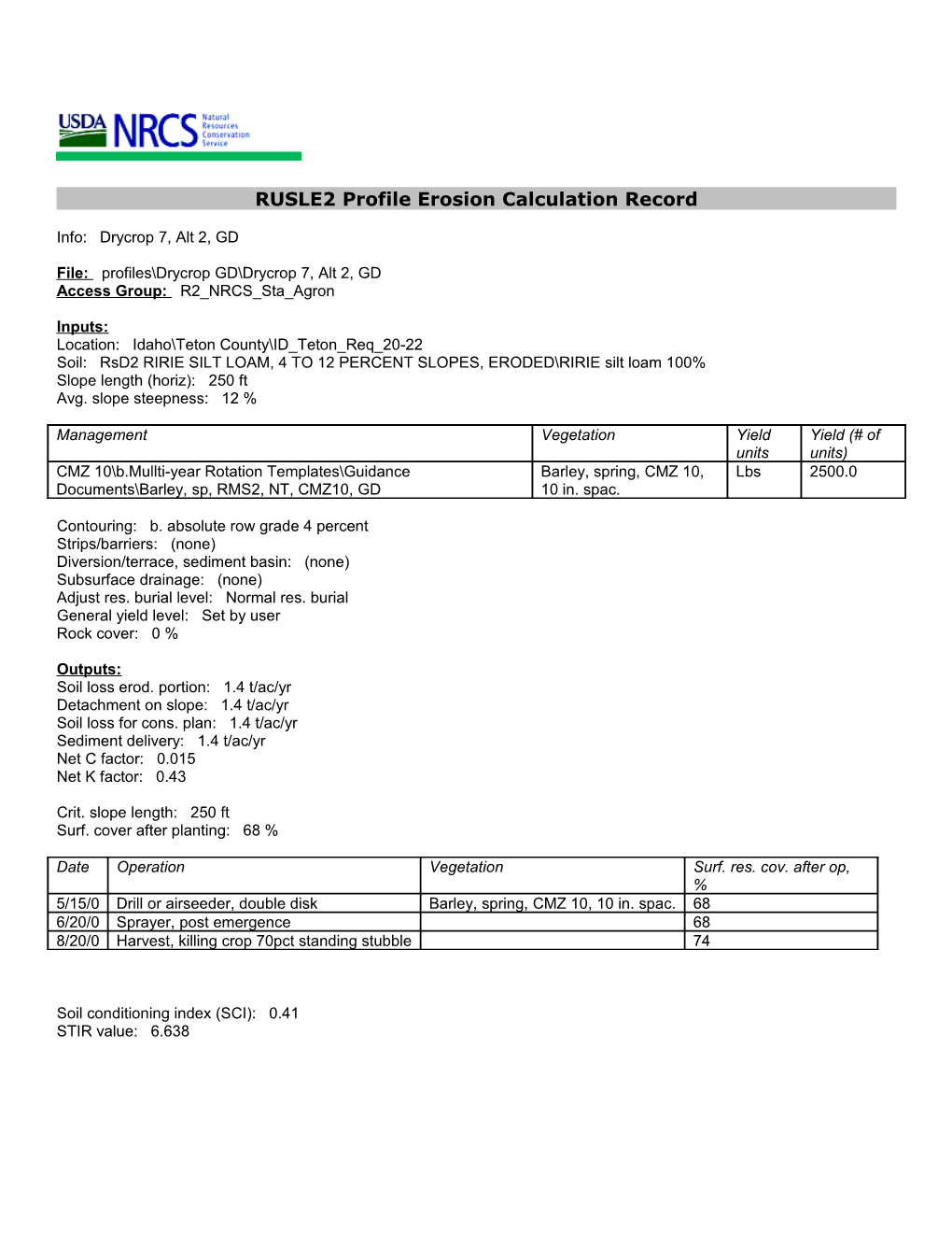 RUSLE2 Profile Erosion Calculation Record