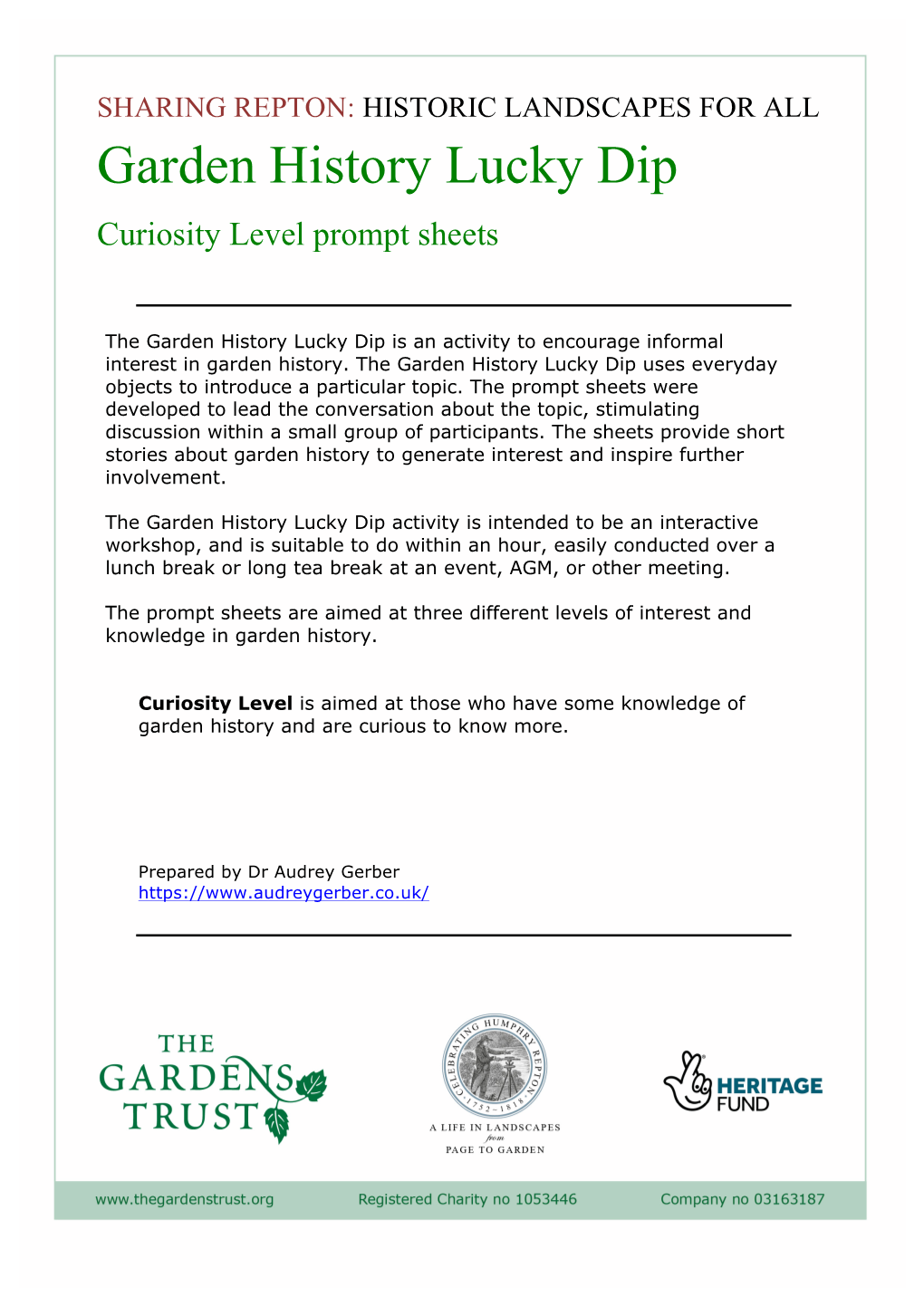 Garden History Lucky Dip Curiosity Level Prompt Sheets